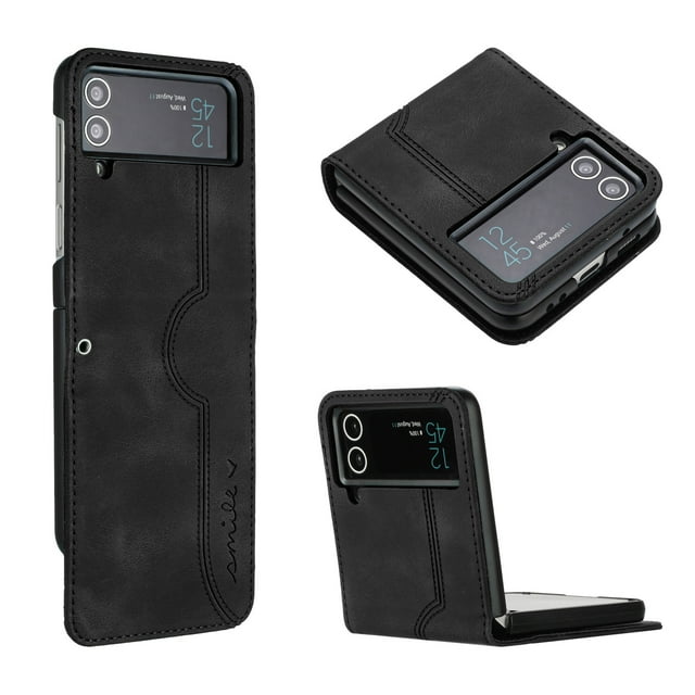 Luxury Case for Samsung Z Flip 3, Smile Design Premium Leather Shockproof Dustproof Anti-Scratch Case with Wrist Strap Magnetic Flip Cover for Samsung Galaxy Z Flip 3, Black