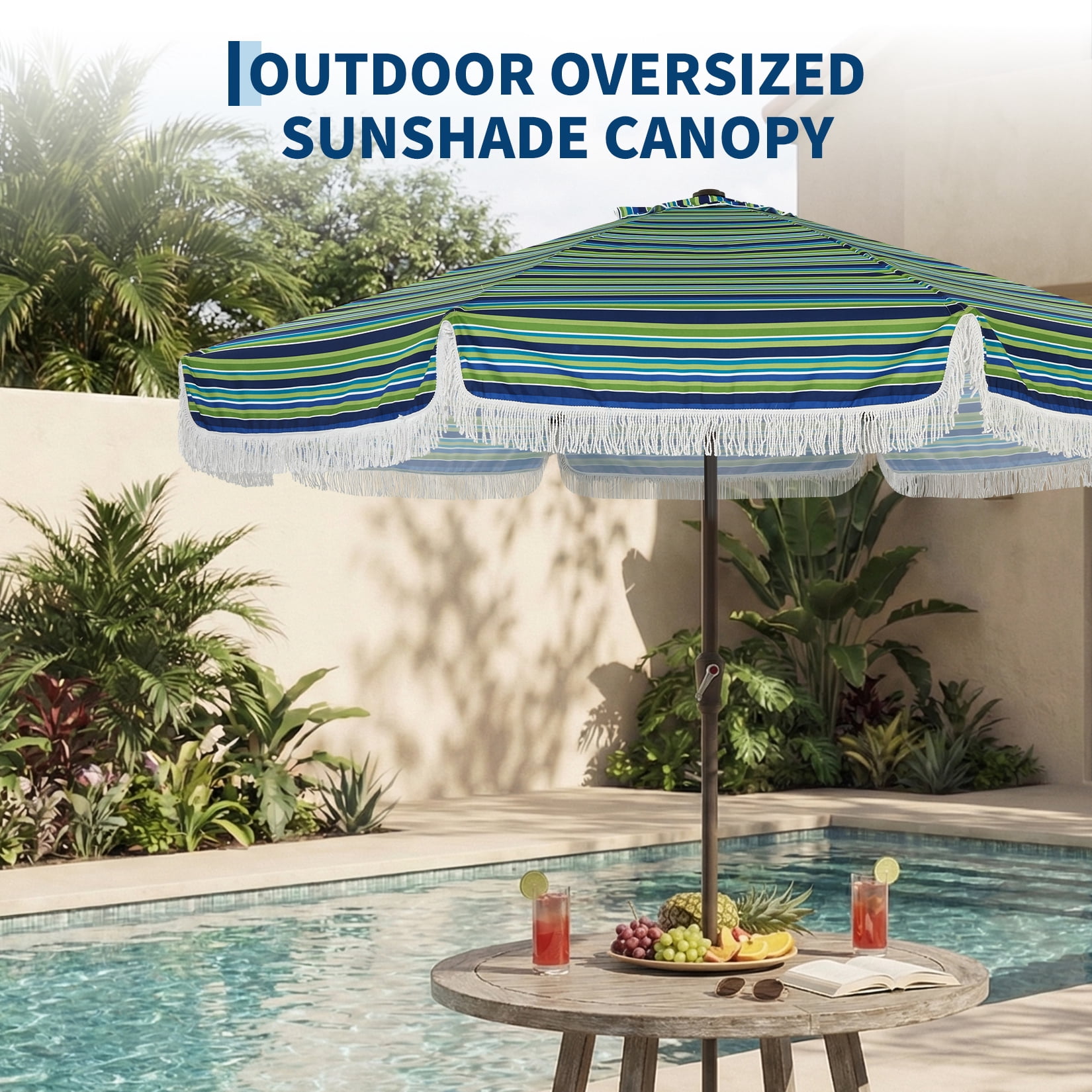 9FT Outdoor Umbrella with 8 Fiberglass Ribs, Crank Handle & Push Button Tilt, 1.5"D Premium Steel Pole, Boho Tassel Market Umbrella for Patio, Backyard, Pool, Blue & Green Striped