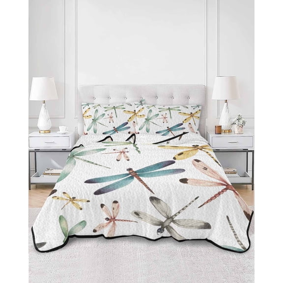 Quilts Twin Size, Dragonfly Soft Comforter Bedding Set for Bed, Watercolor Colorful Nature Painting Art Lightweight Quilted Bedspread with Pillow Cover(2 Pieces) for All Season, 68x86 Inch