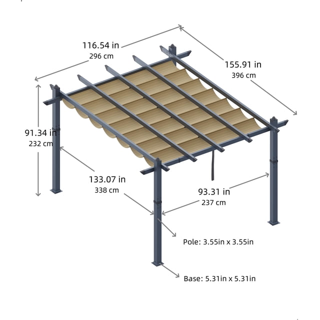 Pergola en Aluminium avec Auvent Pare-Soleil Rétractable – Pavillon Extérieur Moderne en Métal, Treillis Résistant à la Rouille, Protection UV, Colonne Grise, Rideau Kaki, 10 X 13 Pi