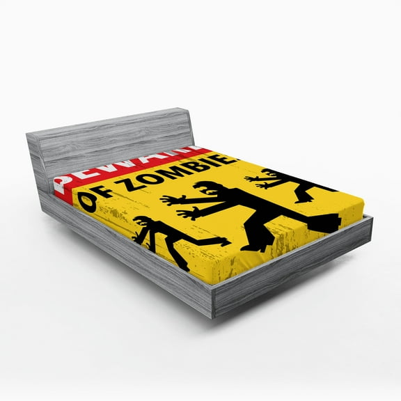 Ambesonne Zombie Fitted Sheet, Fiction Humor Art, Full Size, Yellow Black Red