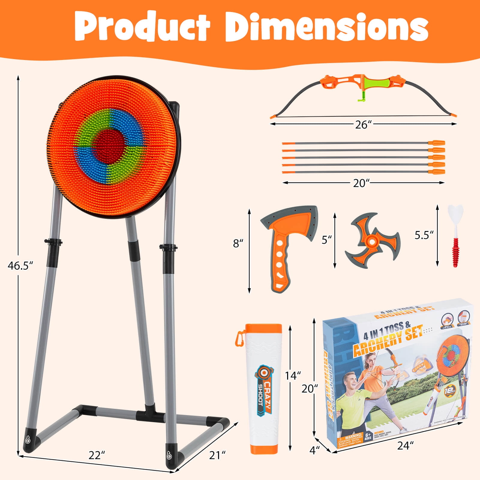 Costway 4 in 1 Throwing Target Set with Bristle Target, 3 Throwing axes 3 Ninja Darts a Bow
