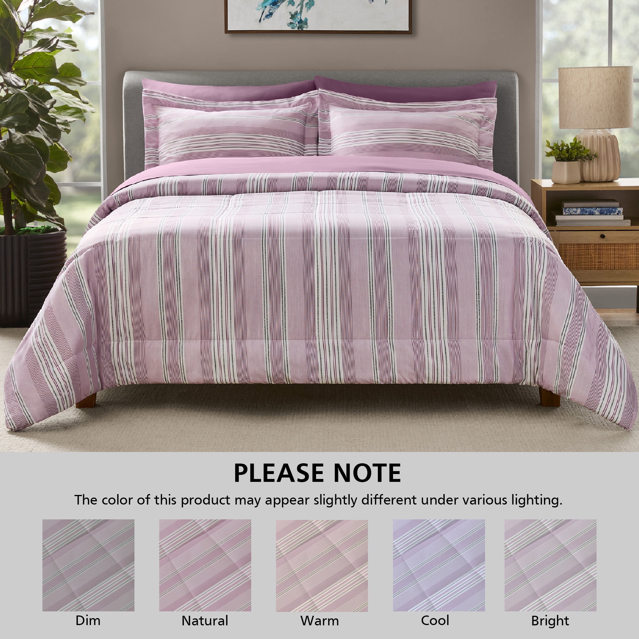 Mainstays 7-Piece Reversible Bed in a Bag Comforter and Sheet Set, Full, Purple and White Stripe
