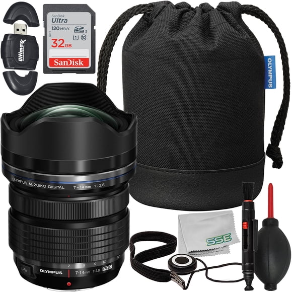 Olympus M.Zuiko Digital ED 7-14mm f/2.8 PRO Lens with Essential Accessory Bundle: SanDisk 32GB Ultra SDHC Memory Card, High-Speed Memory Card Reader & More (10pc Bundle)