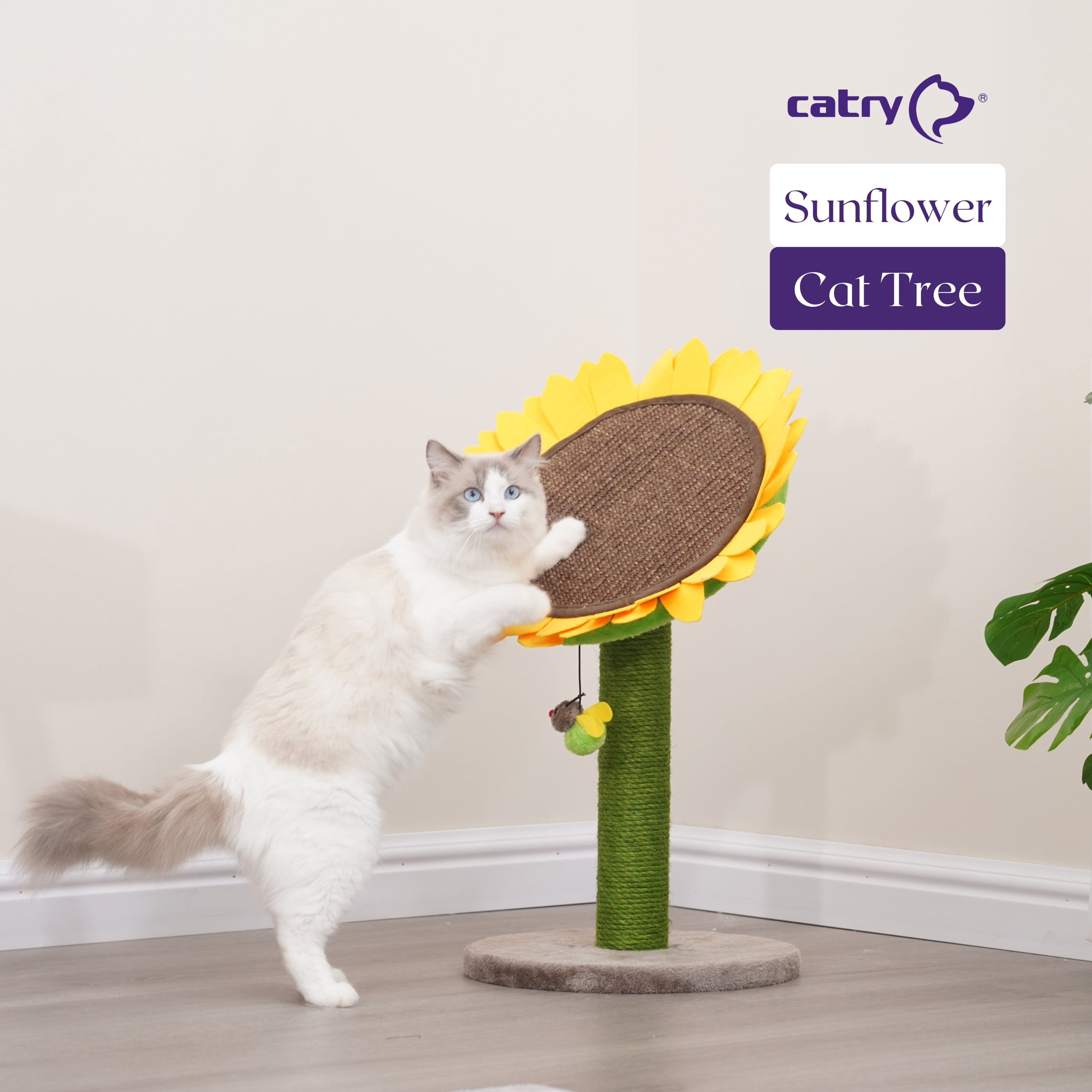 "Catry 24"" Sunflower Cat Sisal Scratching Post, Adjustable Flower Pad with Bee Toy, Plush Kitten Furniture"