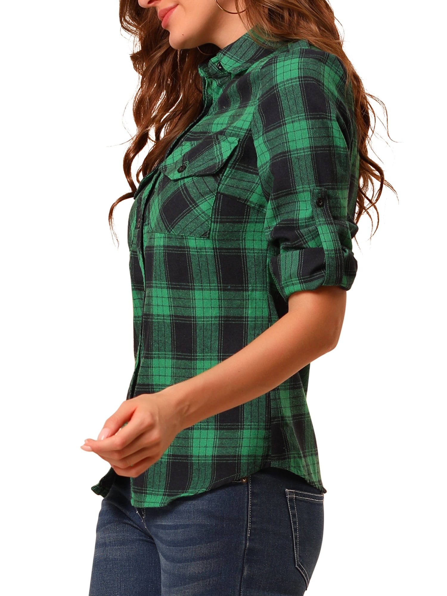 Unique Bargains Women's Halloween Costume Check Roll Up Sleeves Button Down Shirt