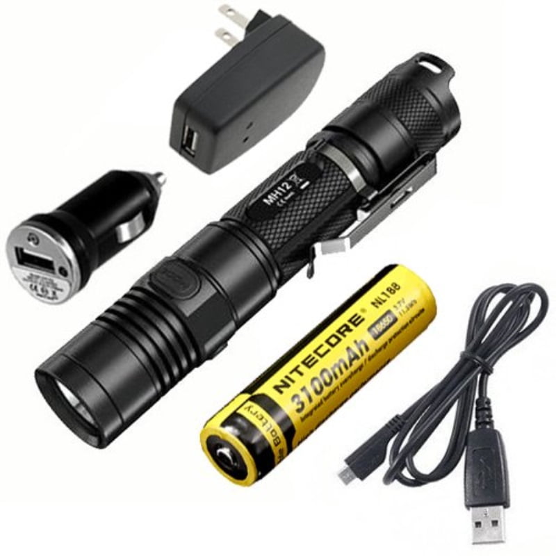 & Wall Adaptor Nitecore MH12 Rechargeable Flashlight Car With FREE Battery 