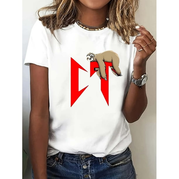 Y2K-Inspired Sloth Cartoon Graphic Tee - Comfy Stretch Crew Neck T-Shirt for Women, Perfect for Casual Wear & Sports