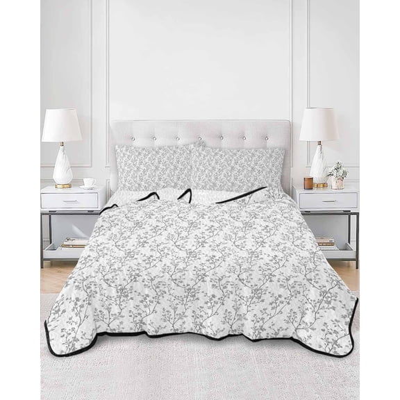 Quilts Twin XL Size, Gray Spring Floral Soft Comforter Bedding Set for Bed, Summer Botanical Watercolor Lightweight Quilted Bedspread with Pillow Cover(2 Pieces) for All Season, 68x98 Inch