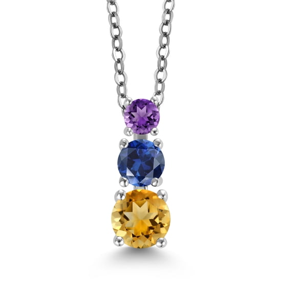 Gem Stone King Yellow Citrine Blue Created Sapphire Purple Amethyst 3 Stone Pendant Necklace for Women (1.08 cttw, Gemstone Birthstone, Round 5MM, 4MM and 3MM, with 18 inch Chain)
