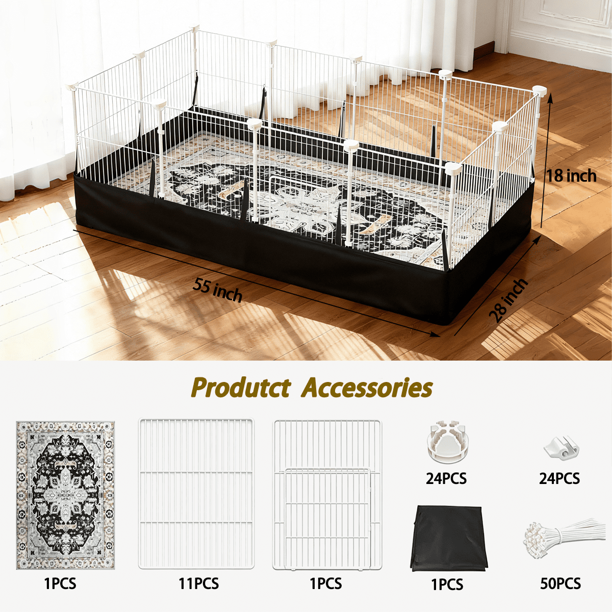 55" x 28" Large Guinea Pig Cage & Indoor Playpen - C&C Habitat with Waterproof 600D Liner, Washable Rug & Secure Wire Fence - For Rabbits, Hedgehogs &Guinea pig
