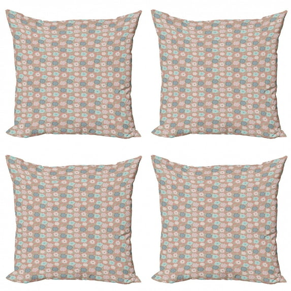 Vintage Throw Pillow Cushion Case Pack of 4, Repetitive Cartoonish Flowers and Leaves Pattern in Pastel Tones, Modern Accent Double-Sided Print, 4 Sizes, Pale Rust Multicolor, by Ambesonne