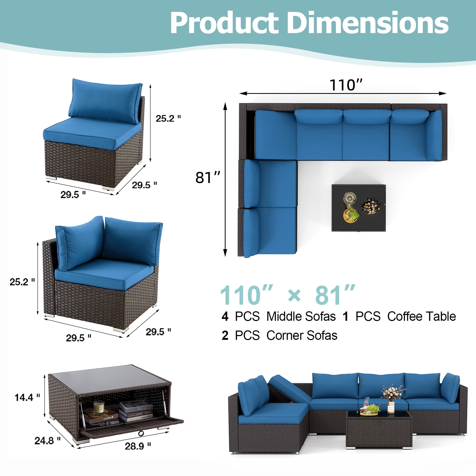 HOMREST 7-Piece Rattan Wicker Outdoor Sectionals with Adjustable Bracket, Blue