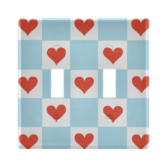 Yayeee Toggle Light Switch Wall Plate 2-Gang 4.56"x4.48" Decorative Outlet Cover, Light Blue Checkered Heart