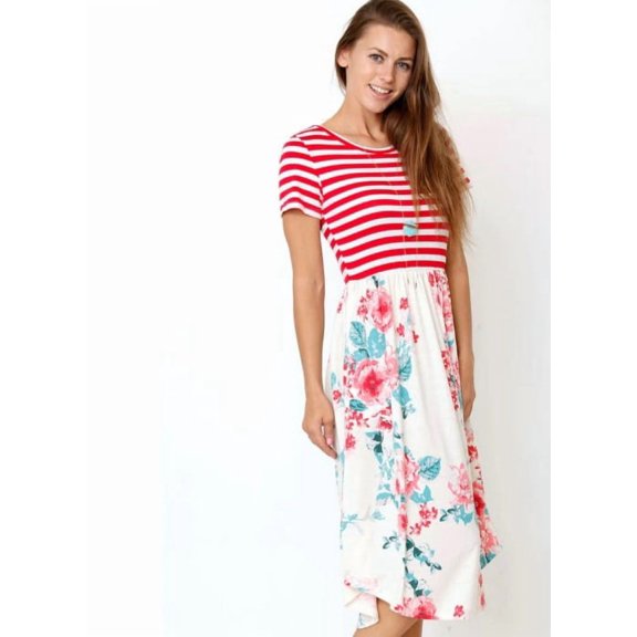 Eloges Ivory Floral & Stripe Pocket Midi Dress - 2X