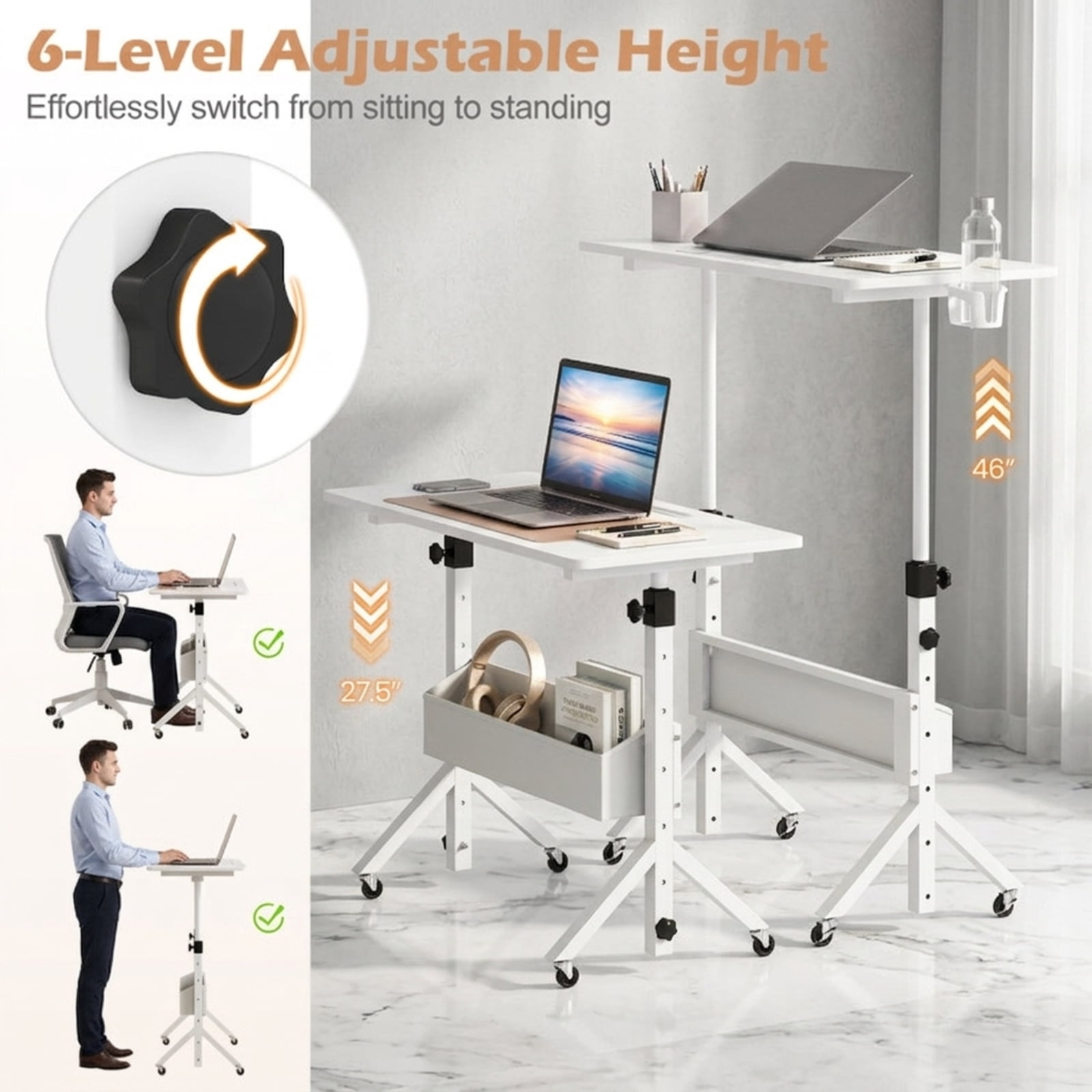 Furnibear Mobile Standing Desk and Height Adjustable Rolling Laptop Desk with Cup Holder Storage Basket and Locking Casters for Small Spaces, White