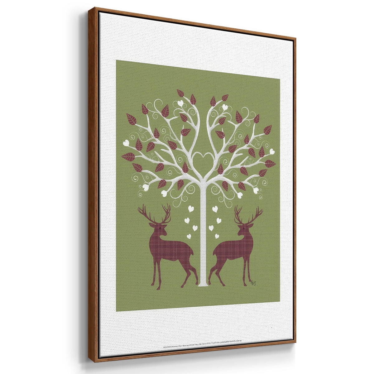 Christmas Des - Deer and Heart Tree, Pink On Green - Framed Gallery Wrapped Holiday Canvas - 25 x 37 - Rosewood Frame