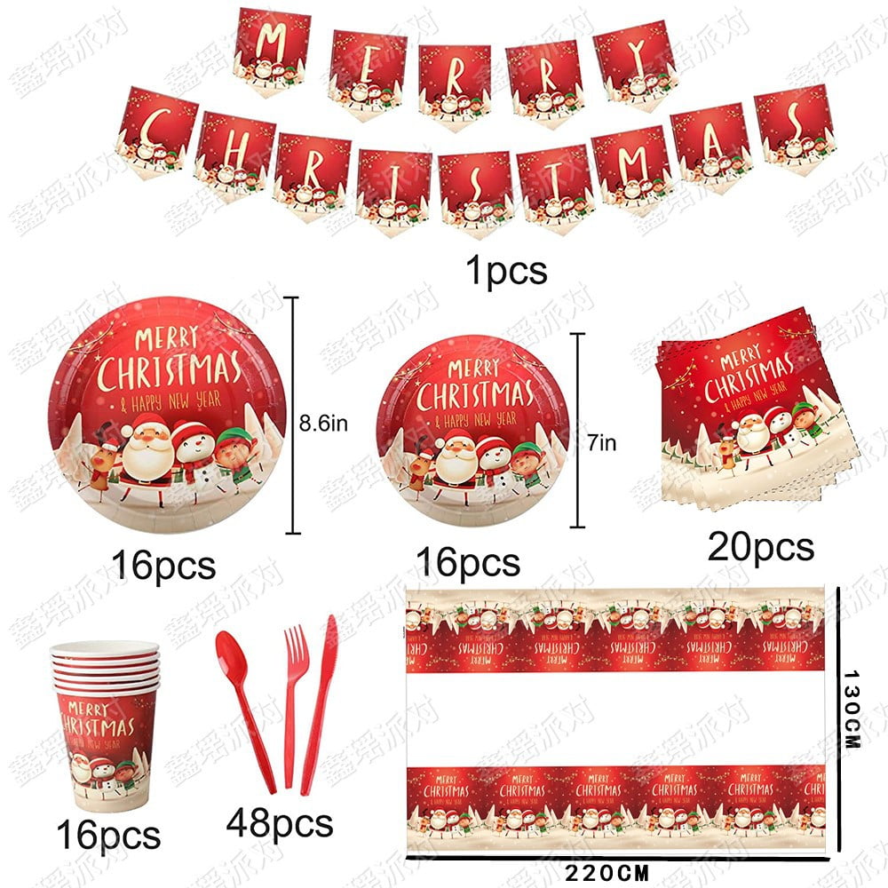 Christmas Tableware Set 16 Guests Christmas Decoration Disposable Dinnerware Set with Xmas Banner Tablecloth Napkin Christmas Paper Plates and Cups Walmart