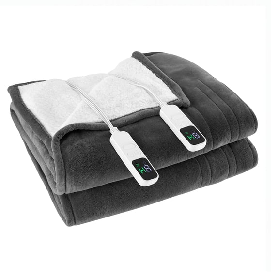 EDX Electric Heated Blanket Queen 84"x90", Flannel & Sherpa, Dual-Zone Control, 10 Heat Settings, 12H Timer, Auto Shut-Off, Grey
