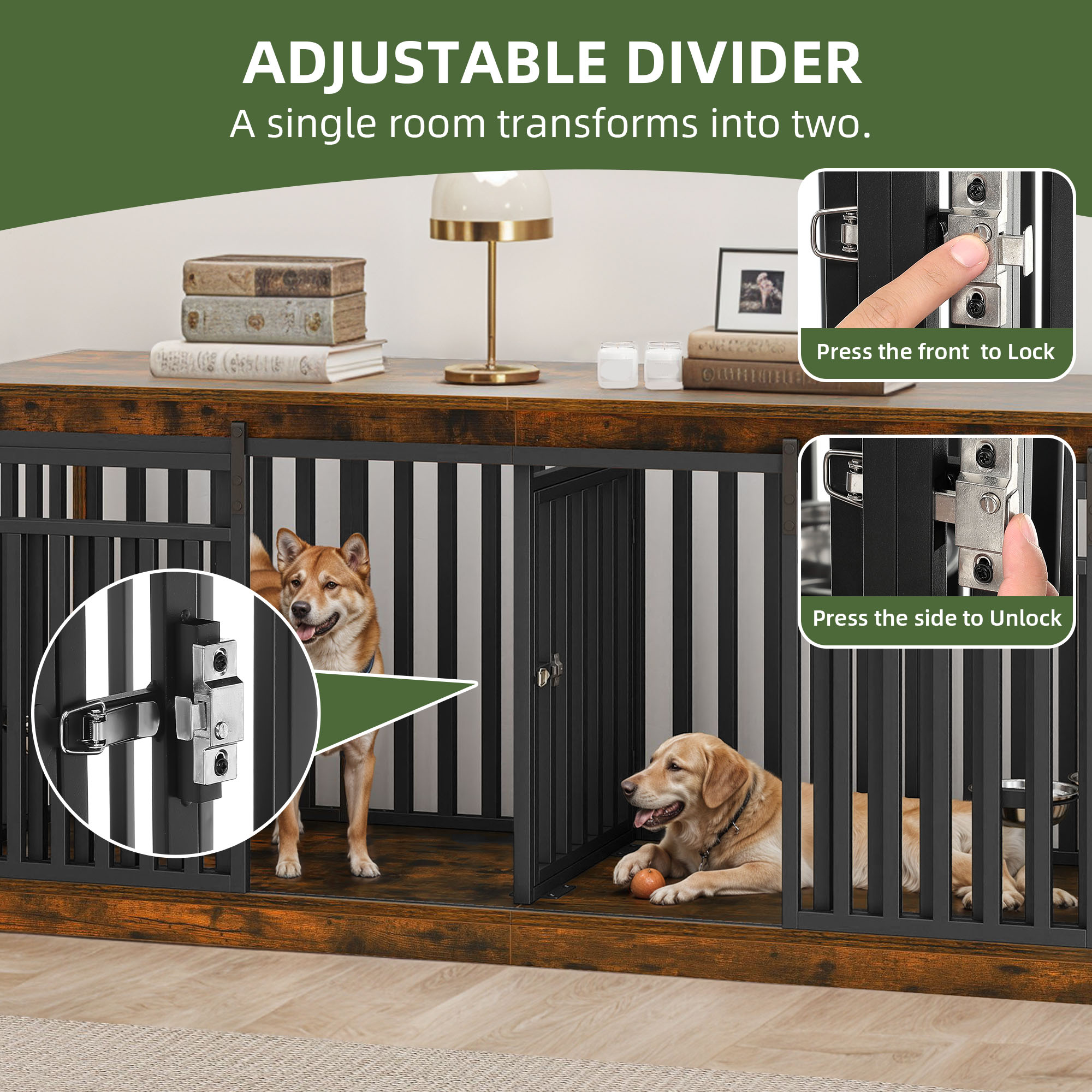 Uforic 71 in Large Double Dog Crate Furniture with 4 Dog Bowl, Wooden Indoor Dog Kennel Cage TV Stand for 2 Dogs Indoor - Rustic Brown