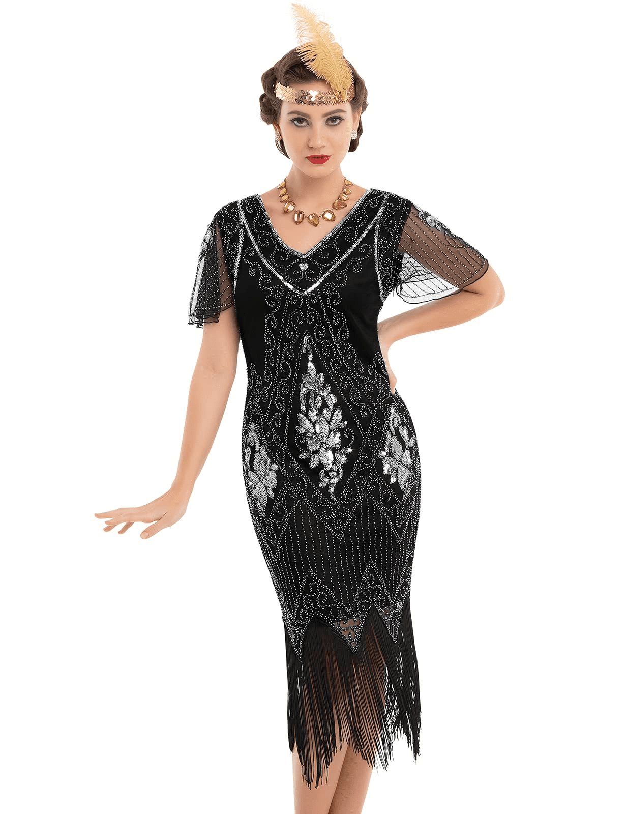 PrettyGuide Womens 1920s Dress Sequin Art Deco Flapper Dress with Sleeve 