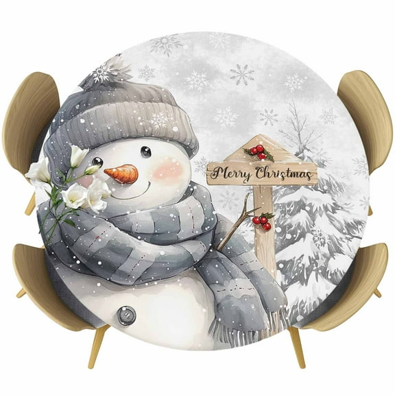Grey Snowman Christmas Round Tablecloth 36-44 Inch Round Fitted Table Cloth with Elastic Edge, Xmas Snowflake Tree Gray Waterproof Table Cover Protector for Outdoor Picnic Party Dining