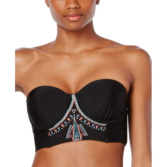 Bikini Nation Stitch Perfect Juniors Embroidered Crop Bikini Top Black, Size XS