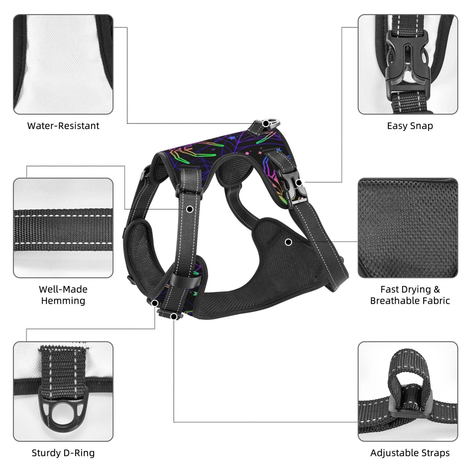 Vsdgher Multi-colored Spiders Pattern Dog Harness,No Pull Pet Harness with Soft Padded Handle,Adjustable Reflective Vest with 2 Buckles,4 Slide Buckles,S-XL Large