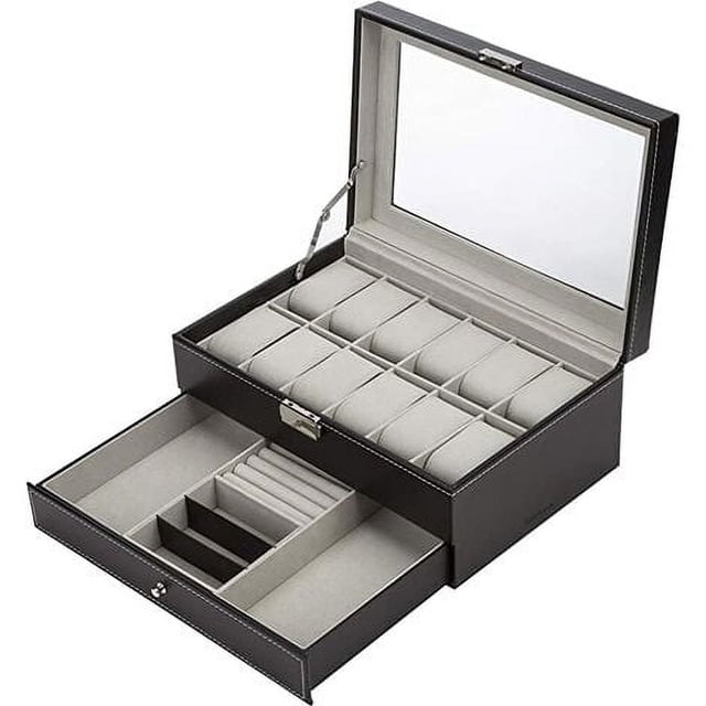 Caja de reloj de dos capas para 12 relojes con cubierta de cuero sintético