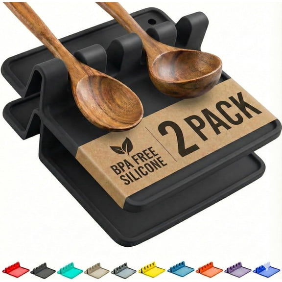 Silicone Spoon Rest for Stove Top with Drip Pad, Heat-Resistant BPA-Free Utensil Holder for Kitchen Counter, 2-Pack – Black