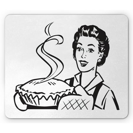 Serving Wear Vintage Woman Mouse Pad, Housewife Wearing Mittens Holding and Serving Freshly Baked Pie at Home, Rectangle Non-Slip Rubber Mousepad, Black and White, by Ambesonne ()