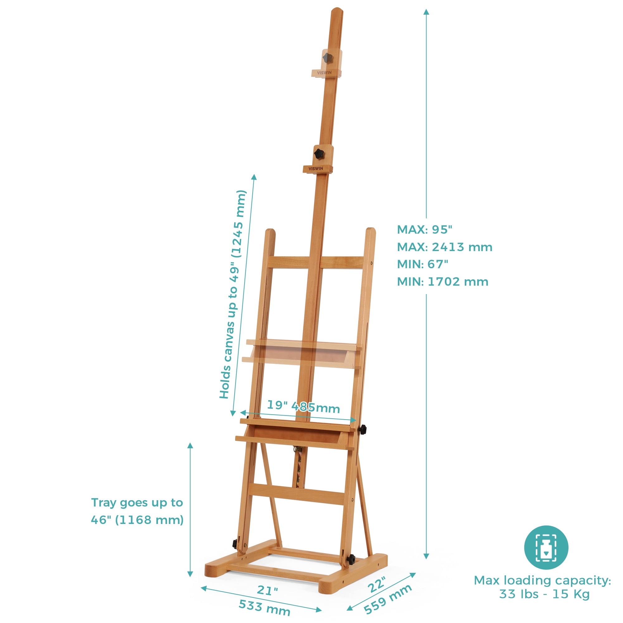 VISWIN Medium H-Frame Easel 67" to 95"H, Hold Canvas Up to 49"-Natural