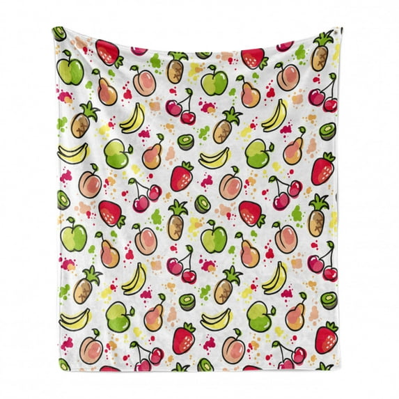 Fruits Soft Flannel Fleece Throw Blanket, Watercolor Pear Cherries Kiwi Apple Brushstroke Splashes Kids Kitchen, Cozy Plush for Indoor and Outdoor Use, 50" x 60", Peach Lime Green Red, by Ambesonne