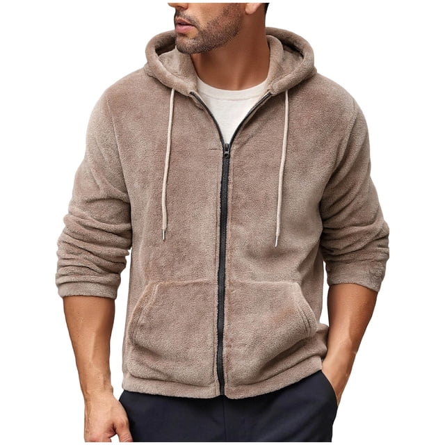 Mens Fleece Jacket, Hooded Pullover with Zipper and Fleece Lining