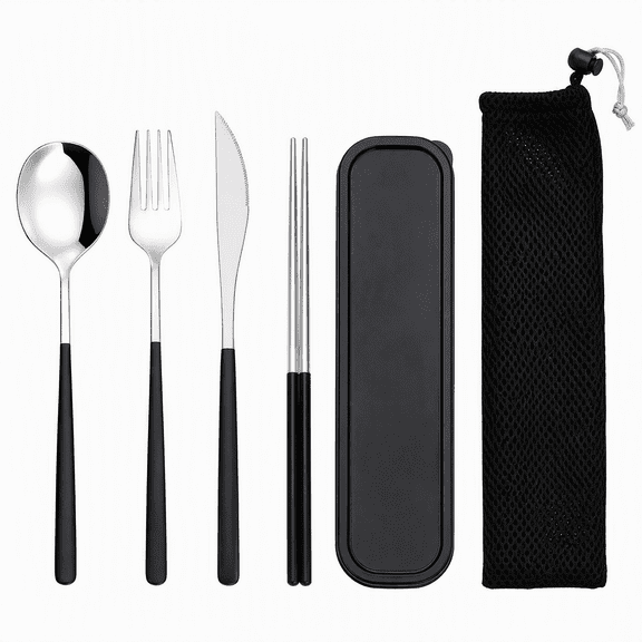 Portable Silverware Set with Case, SUS 304 Stainless Steel Travel Utensils, Includes Knife Fork Spoon Chopsticks for Lunch Camping, Black