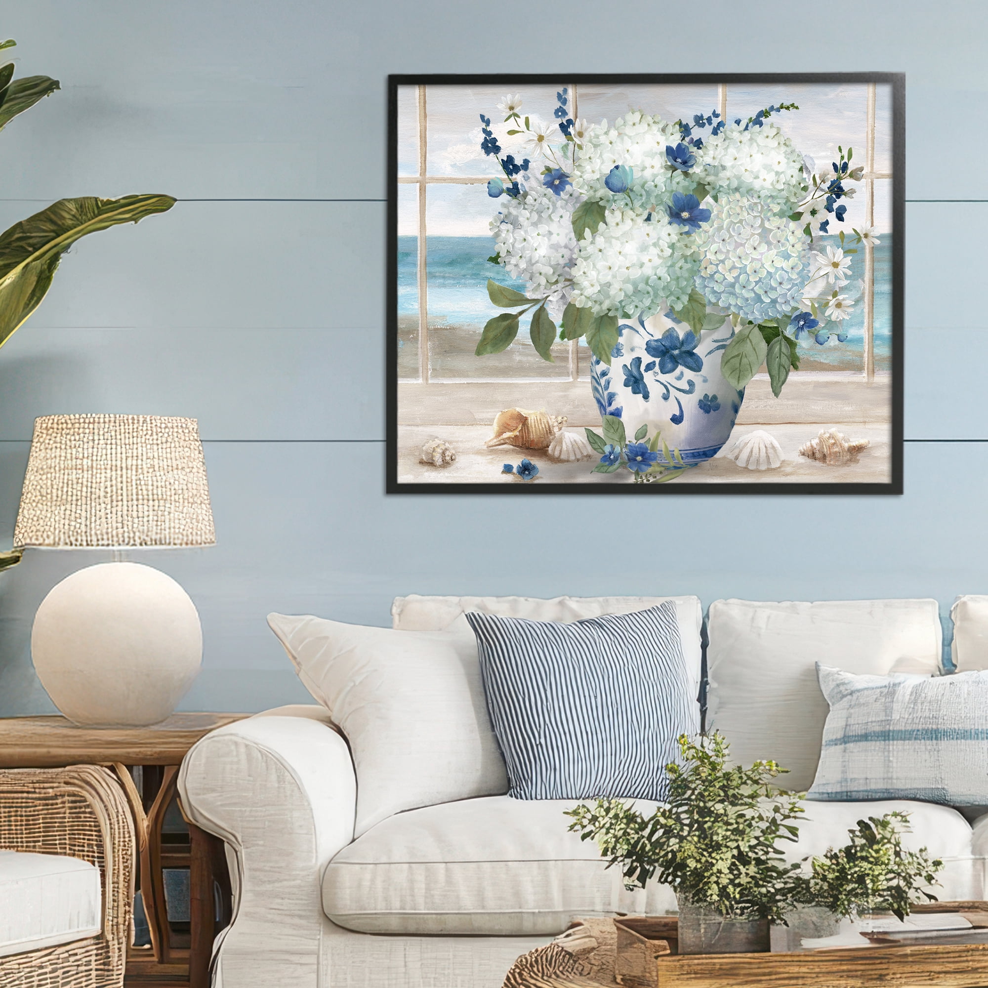 Stupell Industries Seaside Hydrangea Bouquet in Window Black Framed Giclee Art, design by Nan