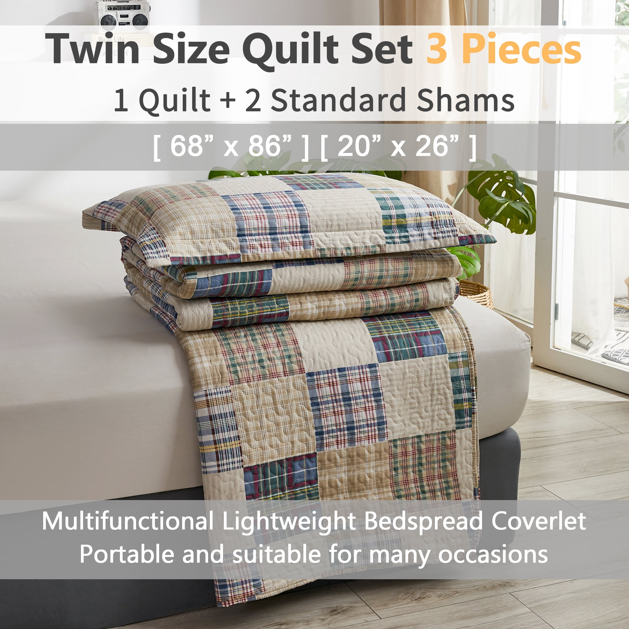 Beartech Quilt Set Twin Size Plaid Stripe Patchwork Microfiber Lightweight Reversible Bedspread Coverlet Bedding Set