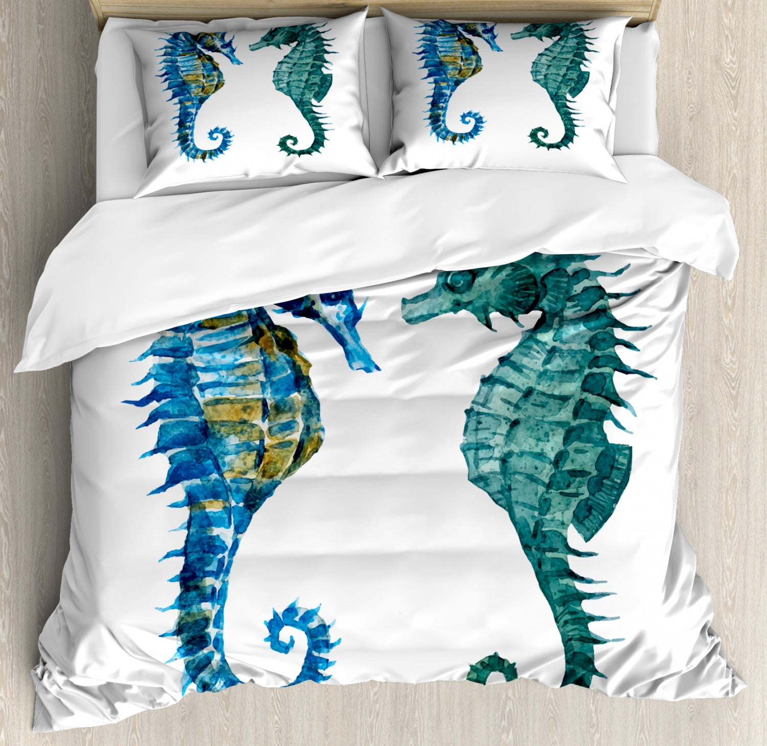 Seahorse Queen Size Duvet Cover Set, Watercolor Inspired Retro Artwork