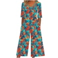 thumbnail image 2 of Sokhug Womens Floral Print V Neck Jumpsuit 3/4 Sleeve Wide Leg Cropped Pants with Pockets Casual Summer Romper, 2 of 5
