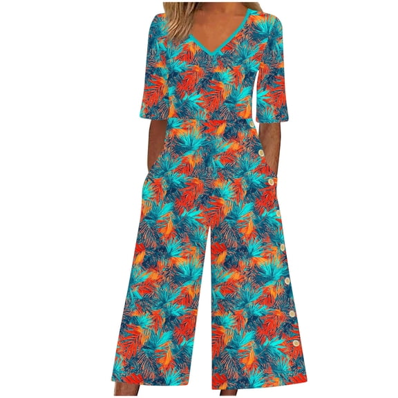 Tshirt Jumpsuits for Women Summer Vacation Short Sleeve Floral Pants Rompers V Neck Wide Leg Casual Jumper Dark Green, 2XL