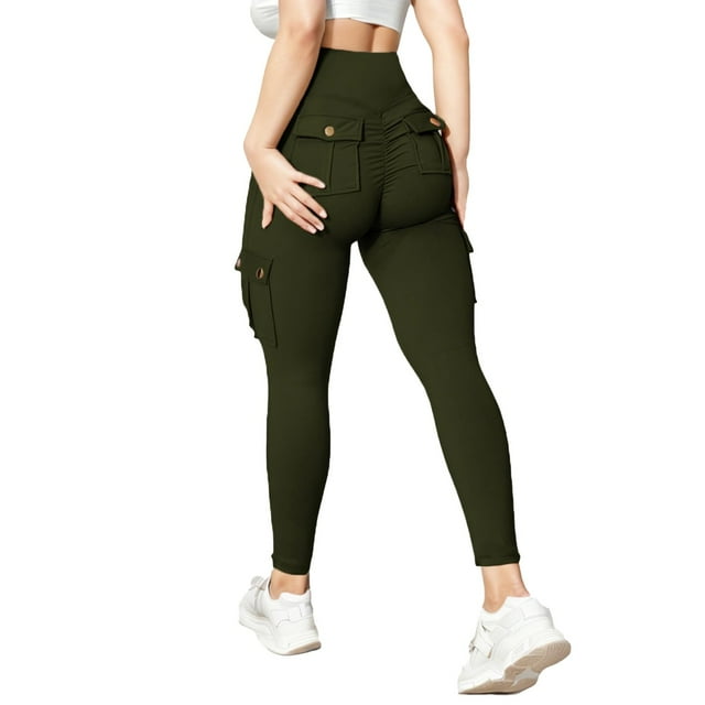 MIASHUI Pantalon Cargo à Double Poche pour Entraînement Physique Femmes Pantalon de Yoga Haute Élasticité Séchage Rapide Pantalon de Course Confortable Vert,P