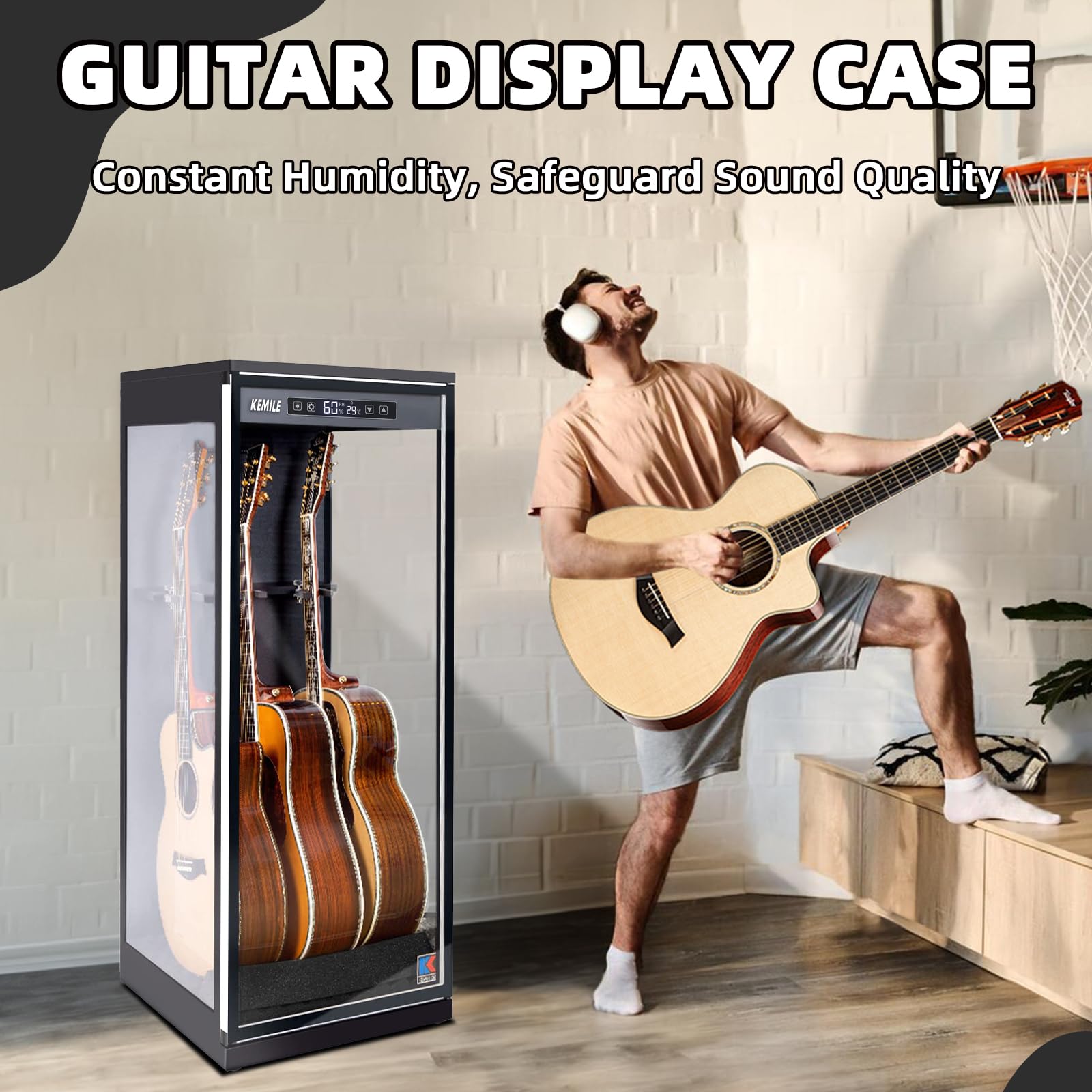 Chehery Guitar Display Case for Electric & Acoustic Guitars - Humidity Control Cabinet with Hygrometer & Humidifier | Glass Door Showcase for Collectible & Vintage Guitars | 45-60% RH Stability