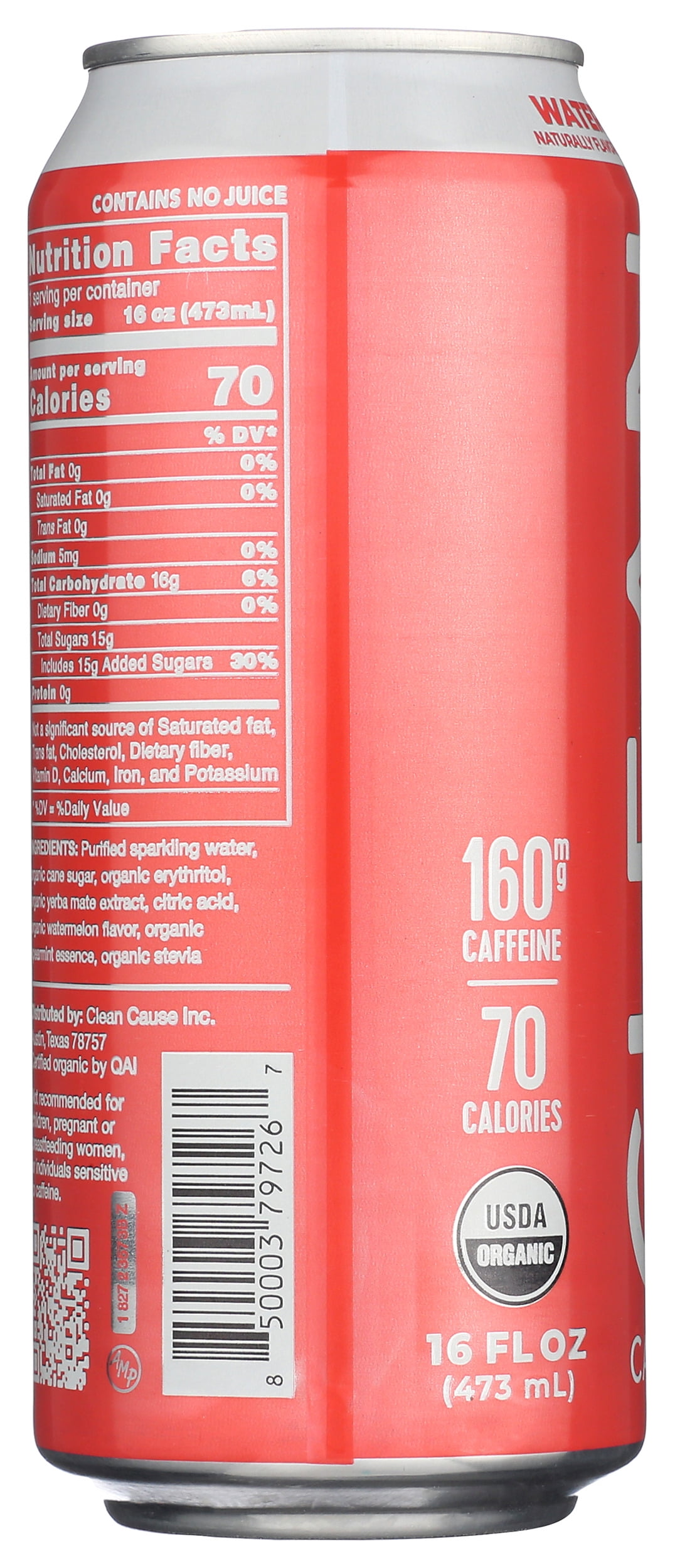 Pack of 12, Clean Cause Watermelon Mint Organic Sparkling Yerba Mate, 16 fl oz