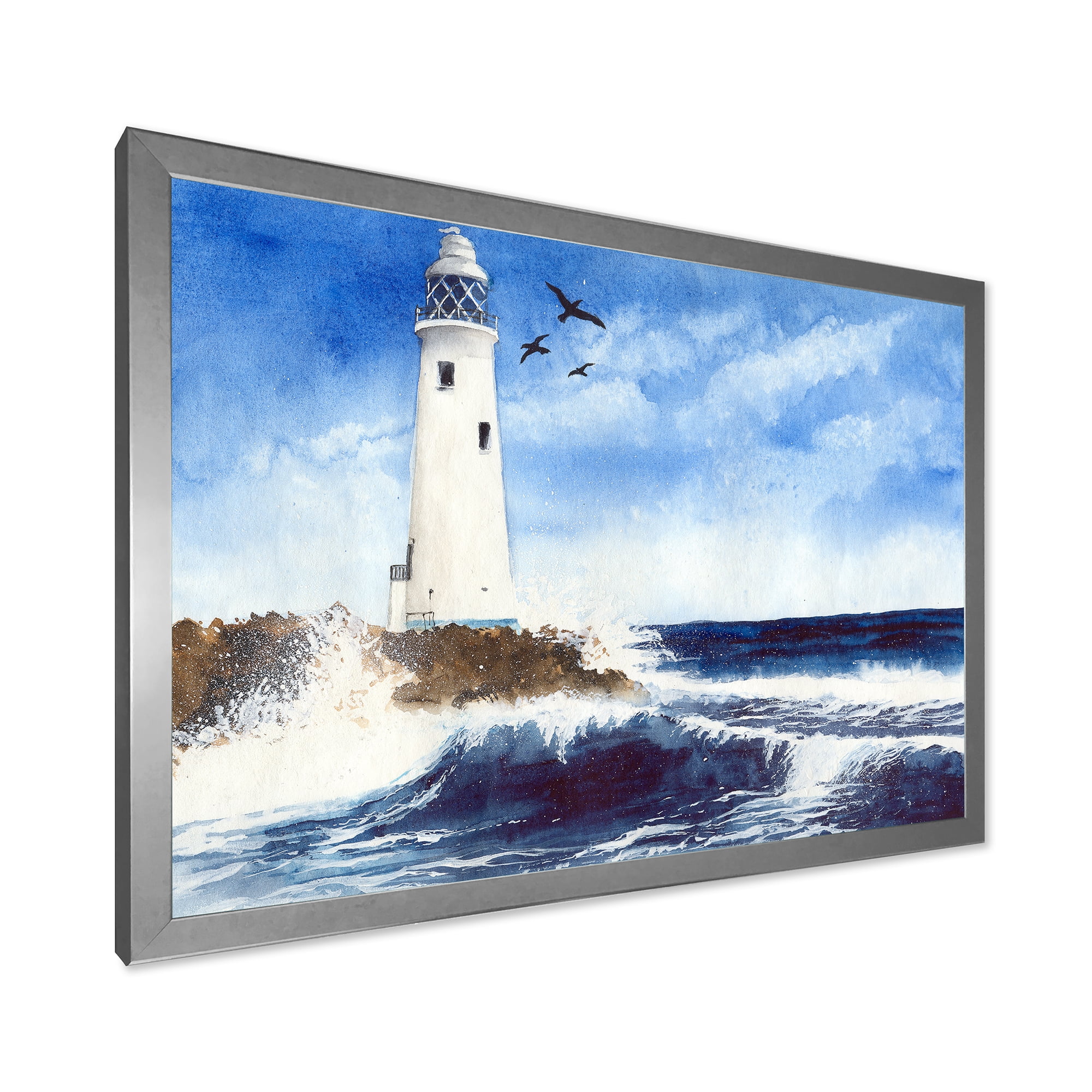 Designart 'Seagulls With Lighthouse On The Rocky Island' Nautical & Coastal Framed Art Print