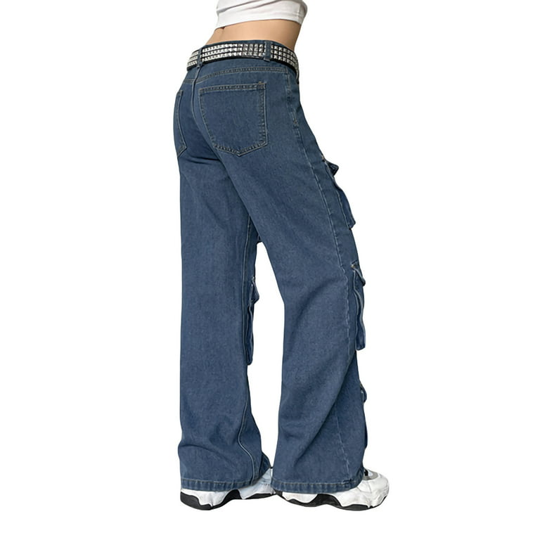 Women Baggy Jeans Low Waist Vintage Cargo Denim Pants Pocket Streetwear  Casual Loose Trousers