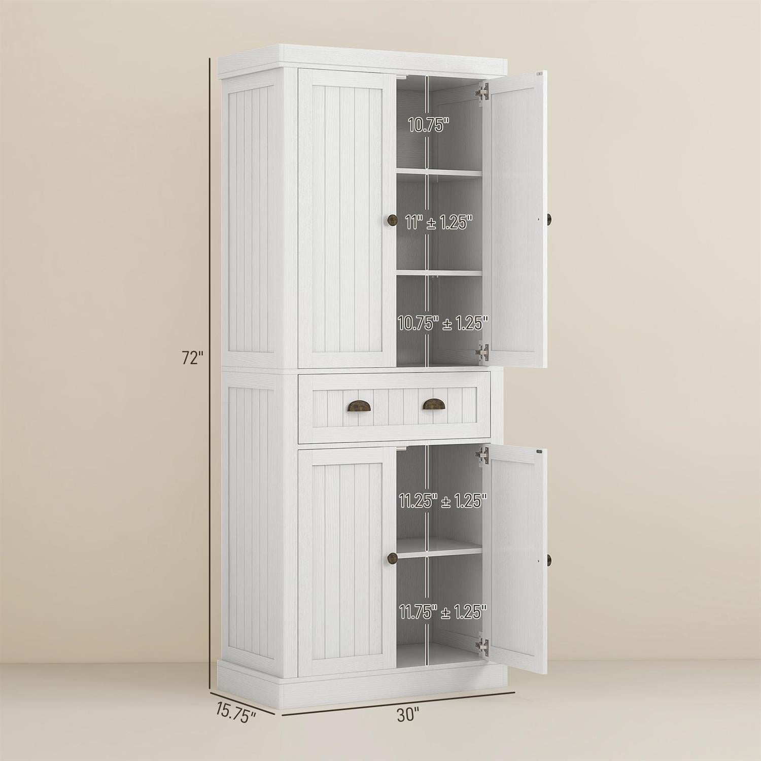 Demi Bonn 72" Kitchen Storage Cabinet with 4 Doors, 2 Adjustable Shelves & Drawer for Organized Cooking Spaces, Storage Solution, White