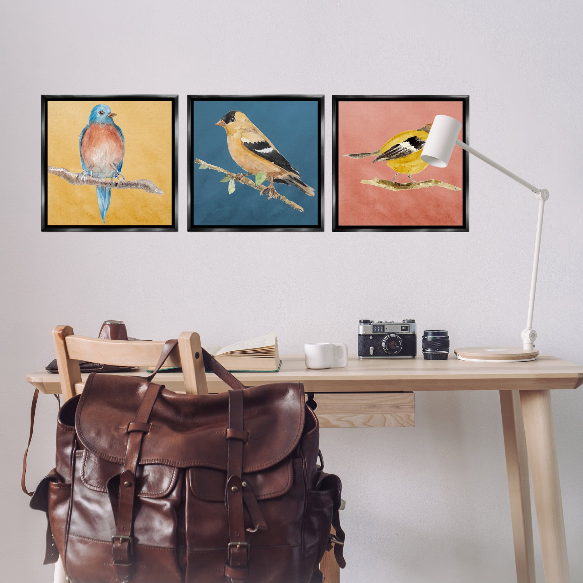 Stupell Industries Brilliant Birds on Branches Animals Painting Black Floater Framed Canvas Art Print Wall Art, 18 x 18, Set of 3