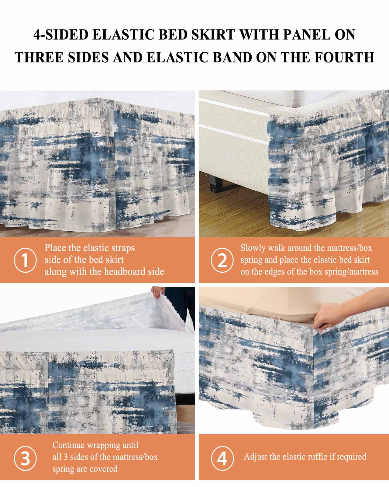 Blue Grey Shabby Bed Skirt King Size 16" Drop Vintage Abstract Art Modern Ruffled Wrap Around Bed Skirts Adjustable Elastic Bedskirt Dust Ruffle for King Size Bed