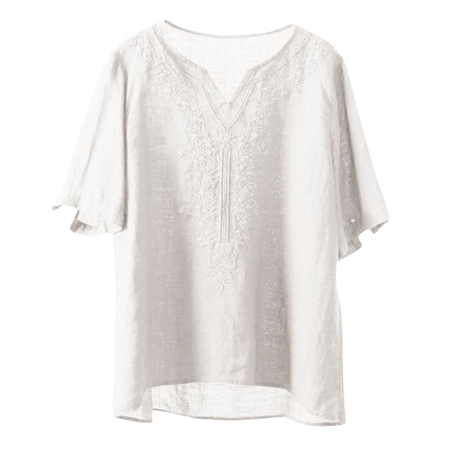TaTaai Women's V-Neck Short Sleeve Linen Embroidered Vintage Loose Casual Tops Soft Lightweight Stylish Blouses for Daily Street Office Wear Gift