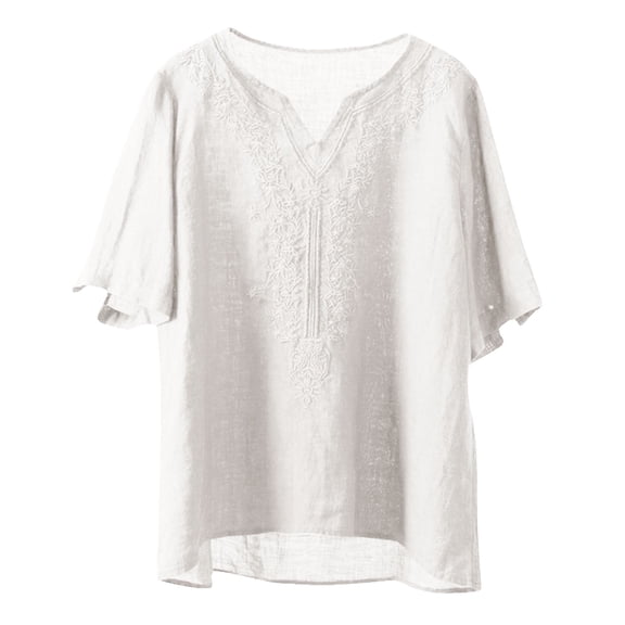 Ounisa Womens Short Sleeve T Shirts V Neck Cotton Linen Embroidery Retro Loose Fit Floral Stitch Versatile Spring Summer Tops M-4XL